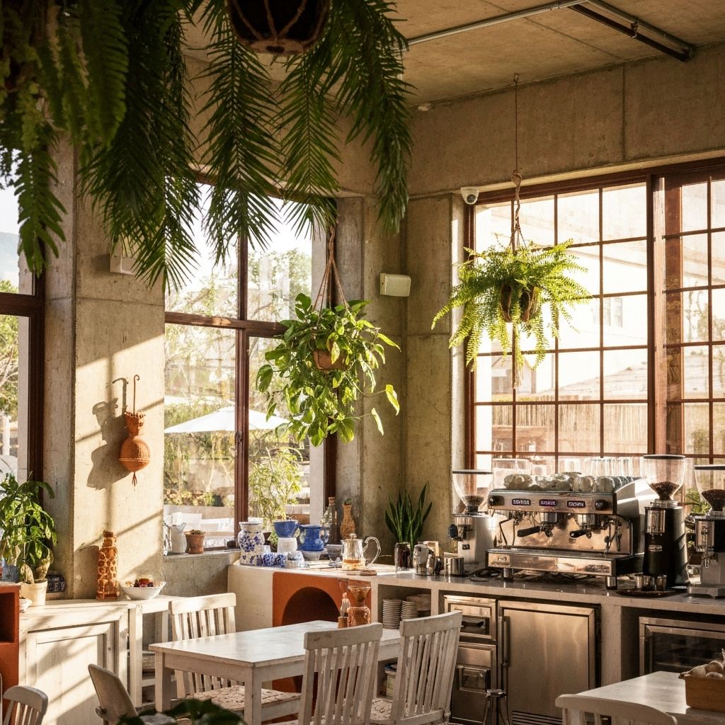 Café interior with plants and natural light